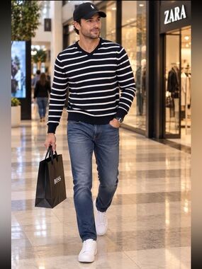 British Khaki Men's Navy & White Striped V-Neck Sweater